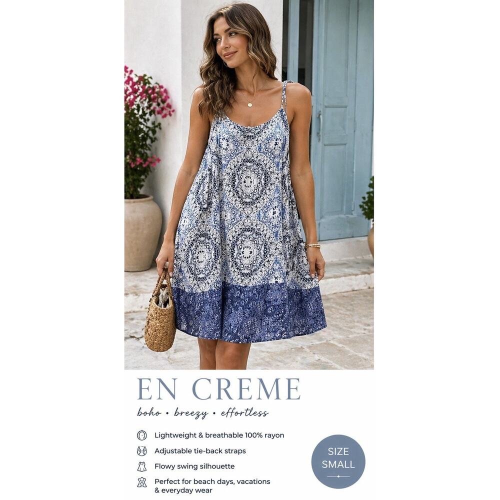 EN CREME Boho Mini Dress Small Blue White Print Tie Back Sleeveless Swing Beach